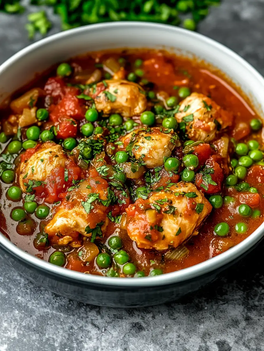A bowl of chicken stew with green peas, tomatoes, and herbs in a savory sauce.