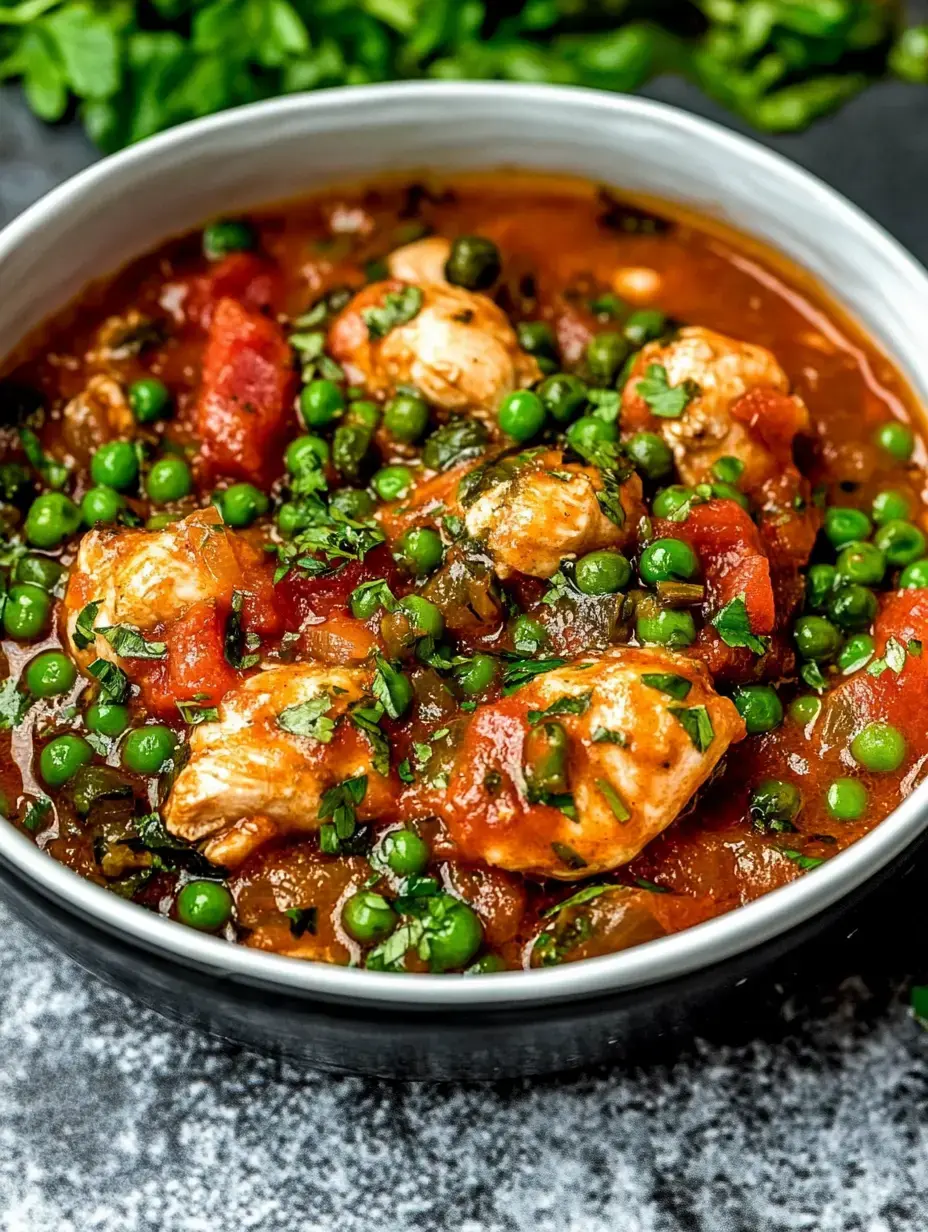 A bowl of savory tomato and pea stew garnished with fresh herbs.