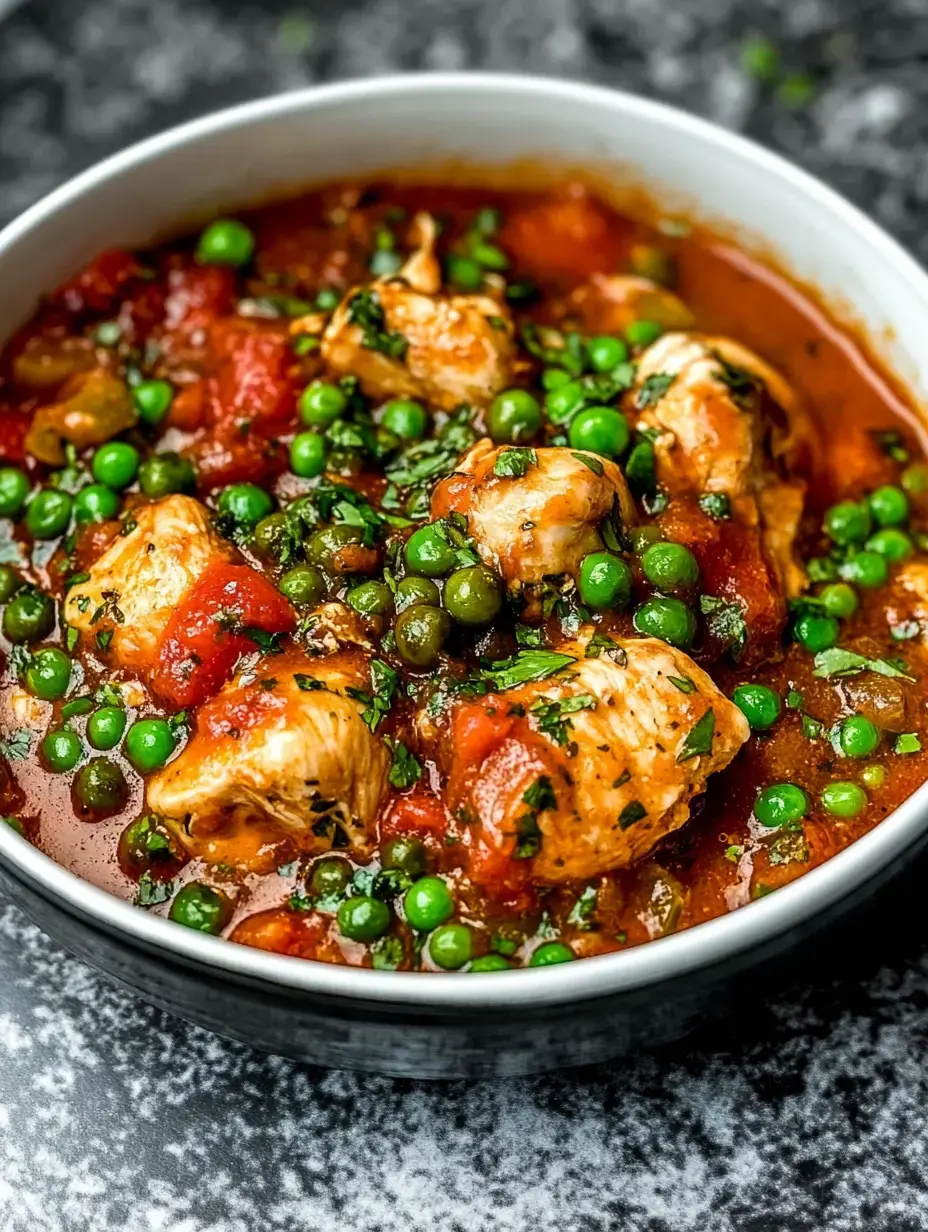 A bowl of chicken and pea stew is garnished with fresh herbs in a rich tomato sauce.