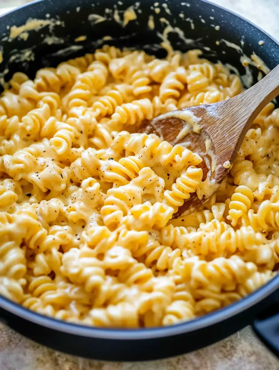 A close-up of a pot filled with creamy, cheesy rotini pasta, stirred with a wooden spoon.