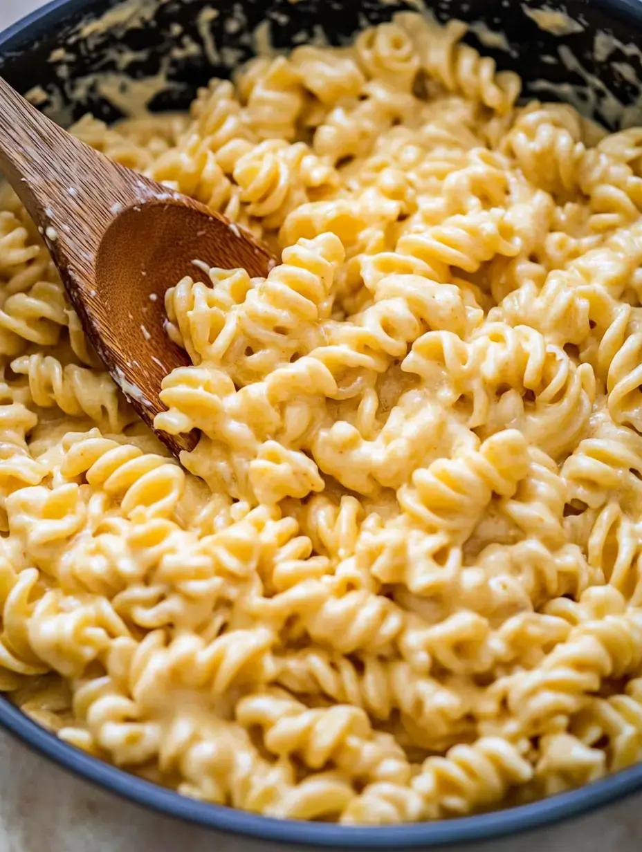 A close-up of creamy rotini pasta mixed with cheese sauce in a dark pot, featuring a wooden spoon resting inside.