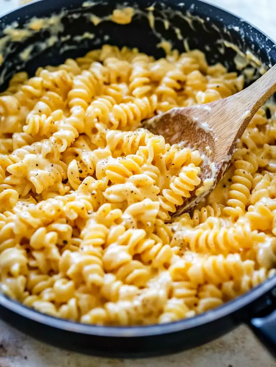 A close-up of creamy rotini pasta in a black pot, stirred with a wooden spoon and sprinkled with black pepper.